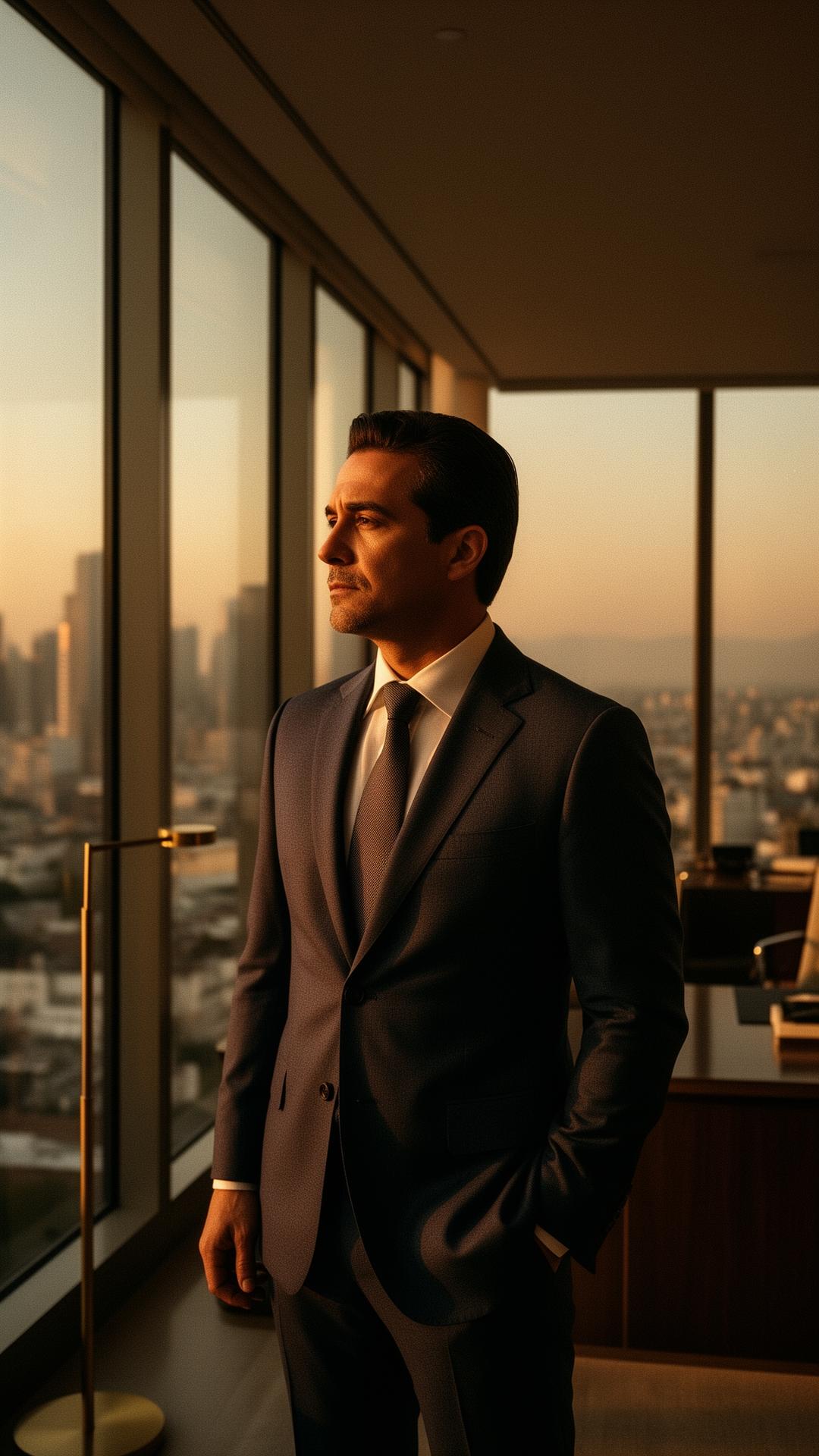 Profesional financiero ANVER contemplando el horizonte de la ciudad al atardecer