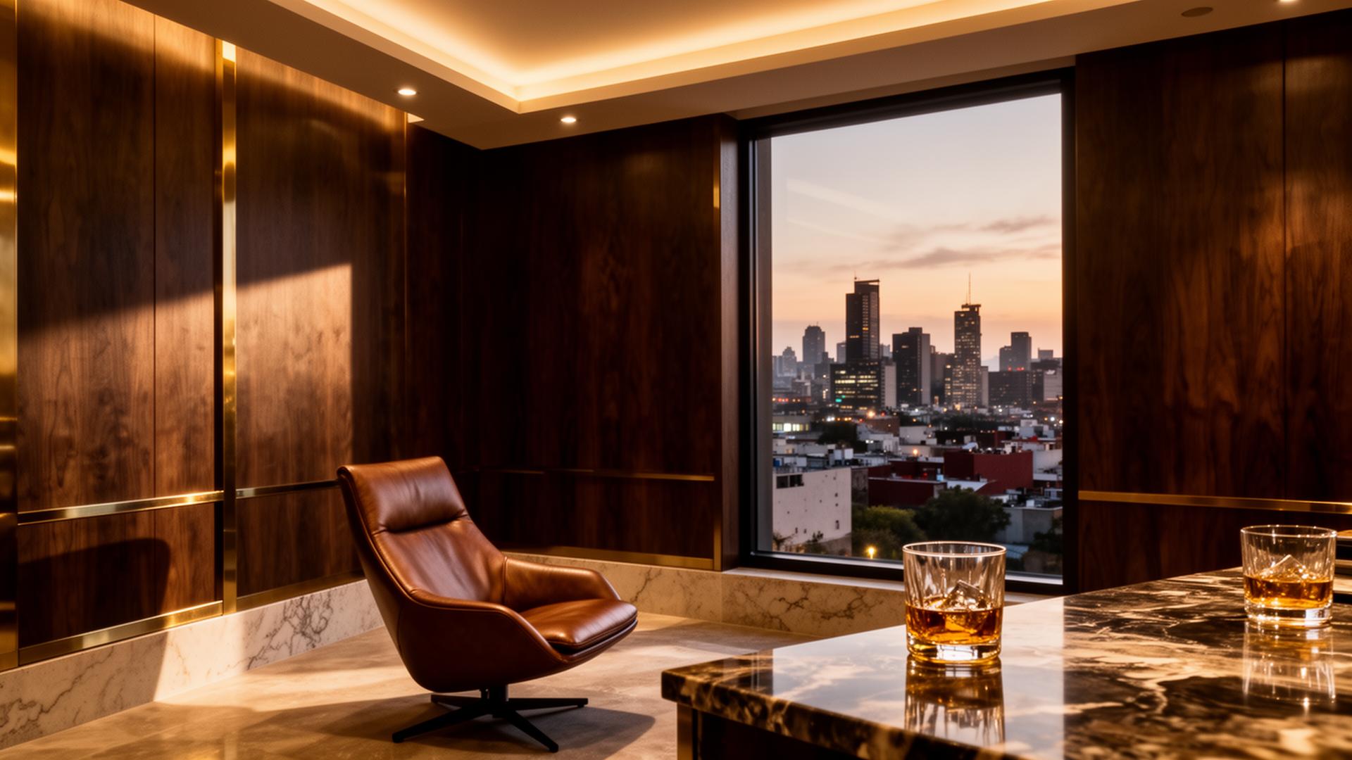 Interior de un despacho patrimonial premium con paneles de nogal y vista a la ciudad