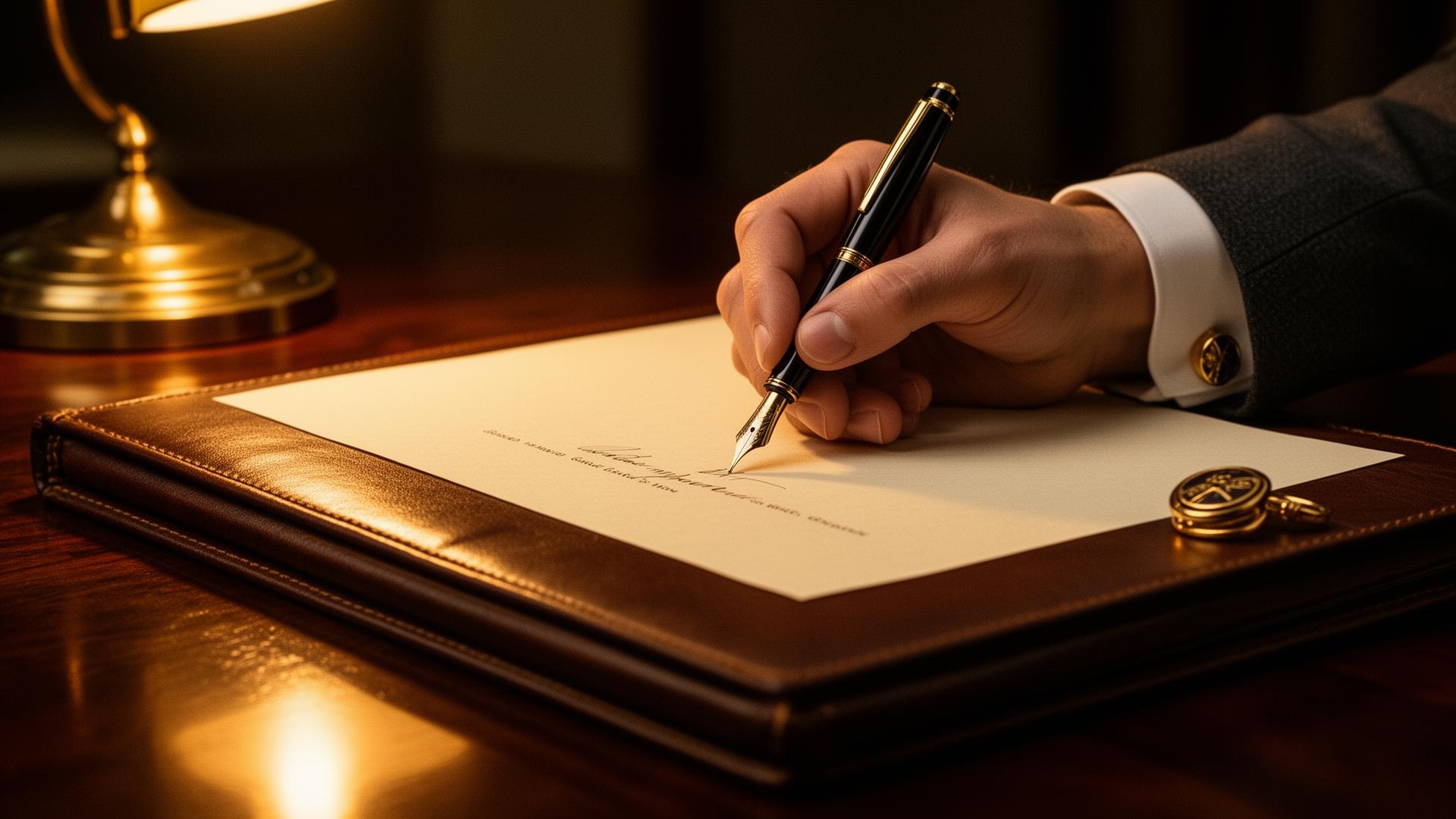 Pluma fuente firmando un documento patrimonial sobre piel y madera